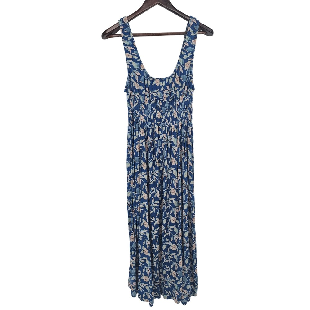 Faherty Blue Floral Smocked Waist Maxi Dress Sleeveless Scoop Neck Size L - Picture 2 of 10
